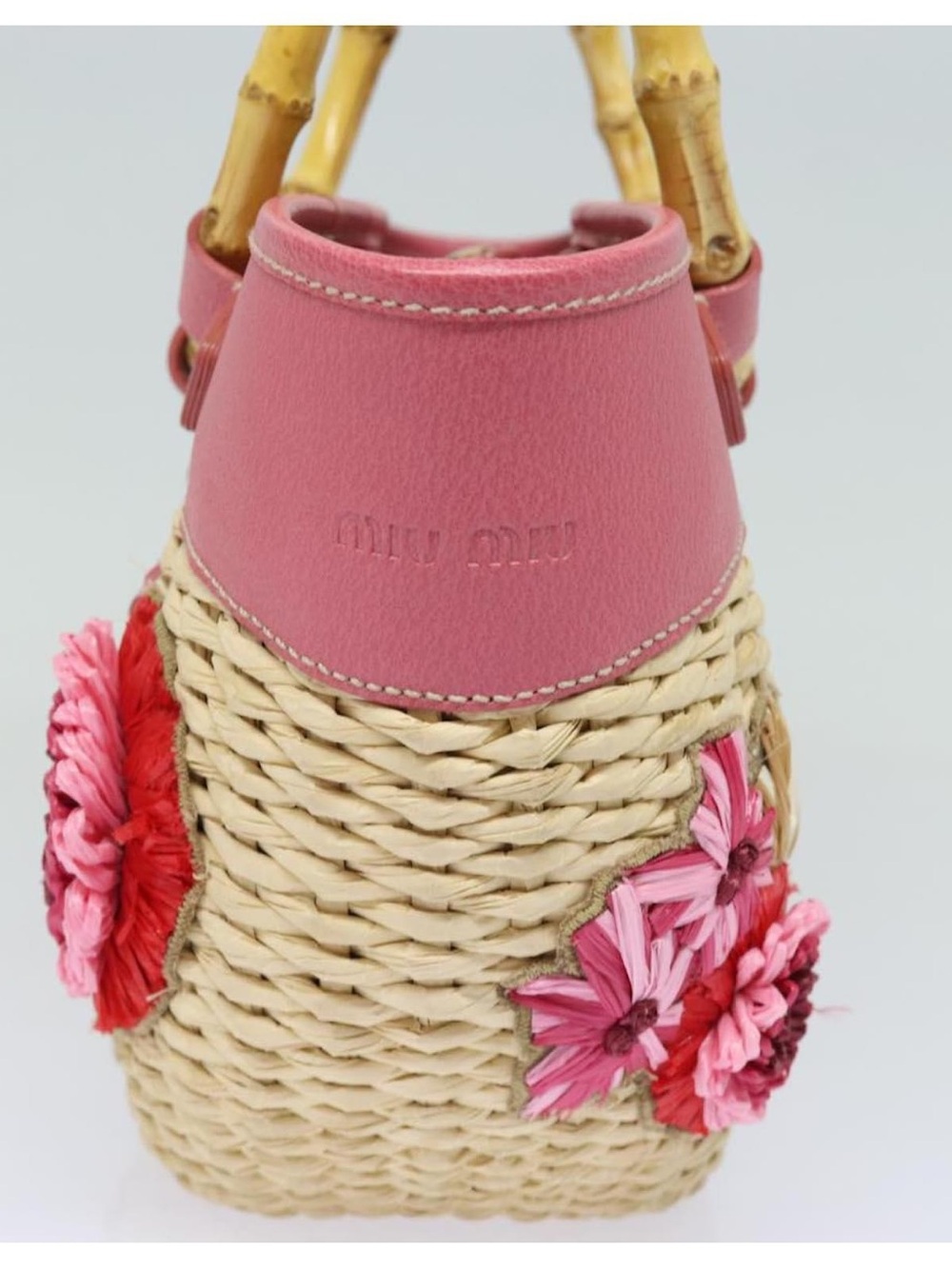 Archival Miu Miu Begonia Basket Bag: Pink Leather + Natural Bamboo & Rattan Tote - Picture 2 of 5